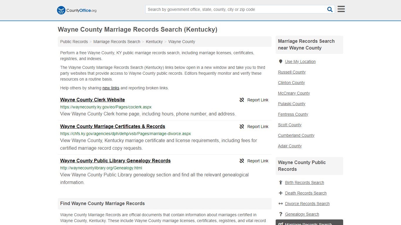 Wayne County Marriage Records Search (Kentucky) - County Office